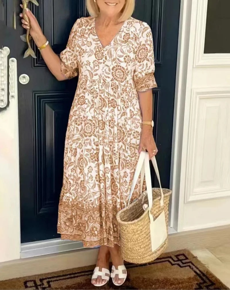 CATHY - Elegant Floral Dress with V-Neck
