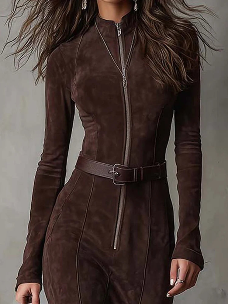 Vintage Brown Zipper Belted Maxi Dress