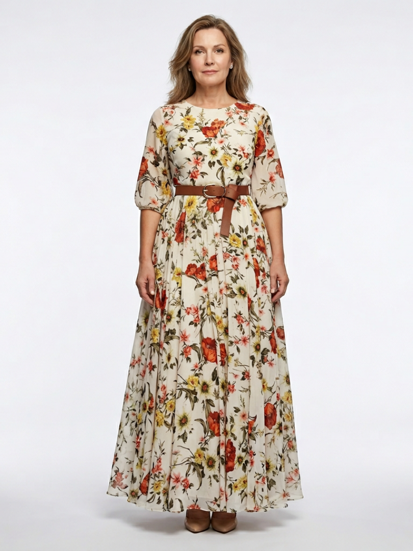 maxi dress with three quarter sleeves Giorgia Light Washing Denim Three Quarter Sleeve Length Slim Fit Maxi Dress by Perlavera